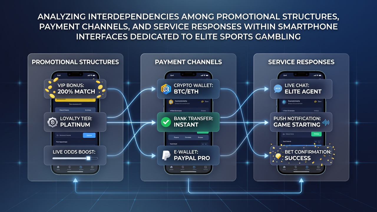 Smartphone interface showing interconnected promotional banners, payment options, and support chat in a sports betting app