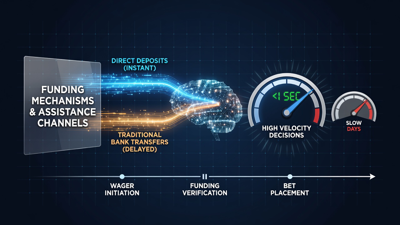 Digital interface showing funding options and real-time support features in sports wagering platforms