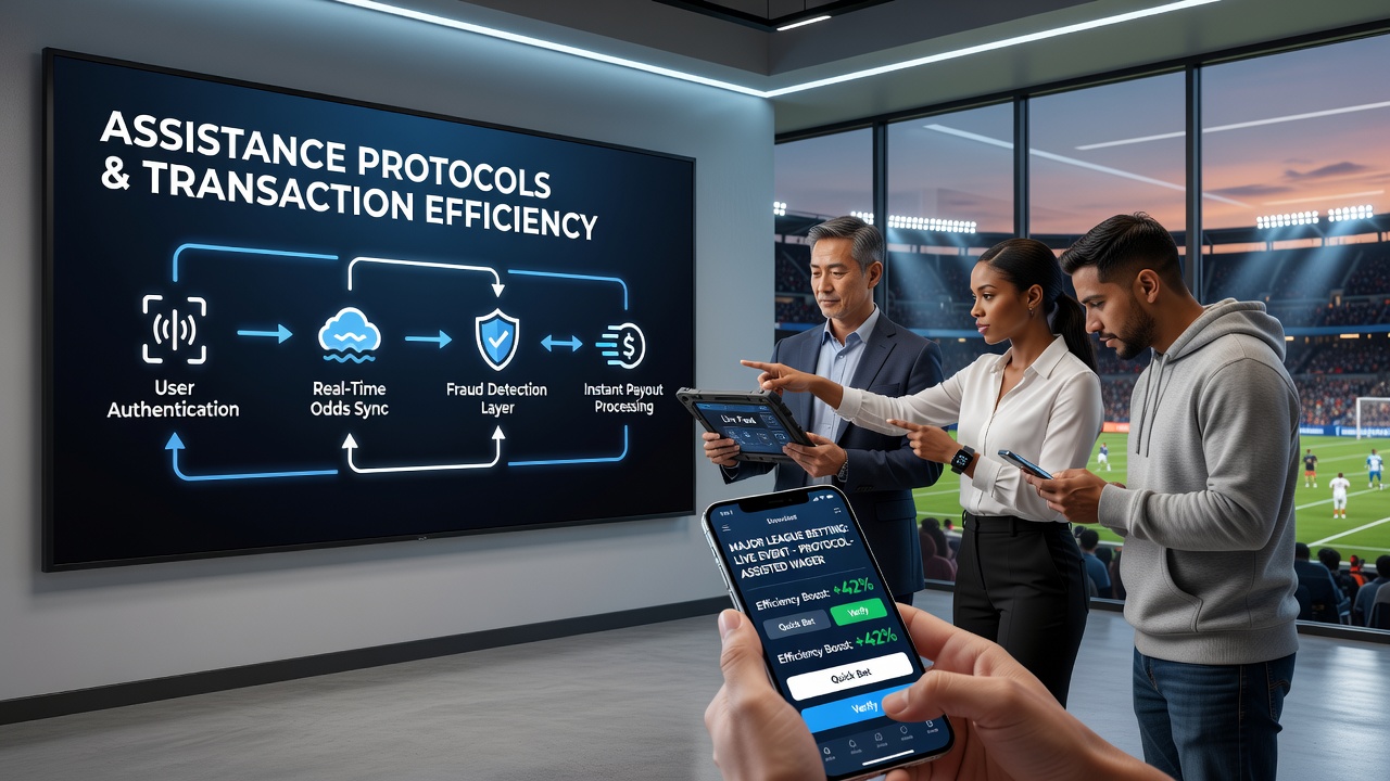 Support team analyzing transaction data on multiple screens in a betting operations center