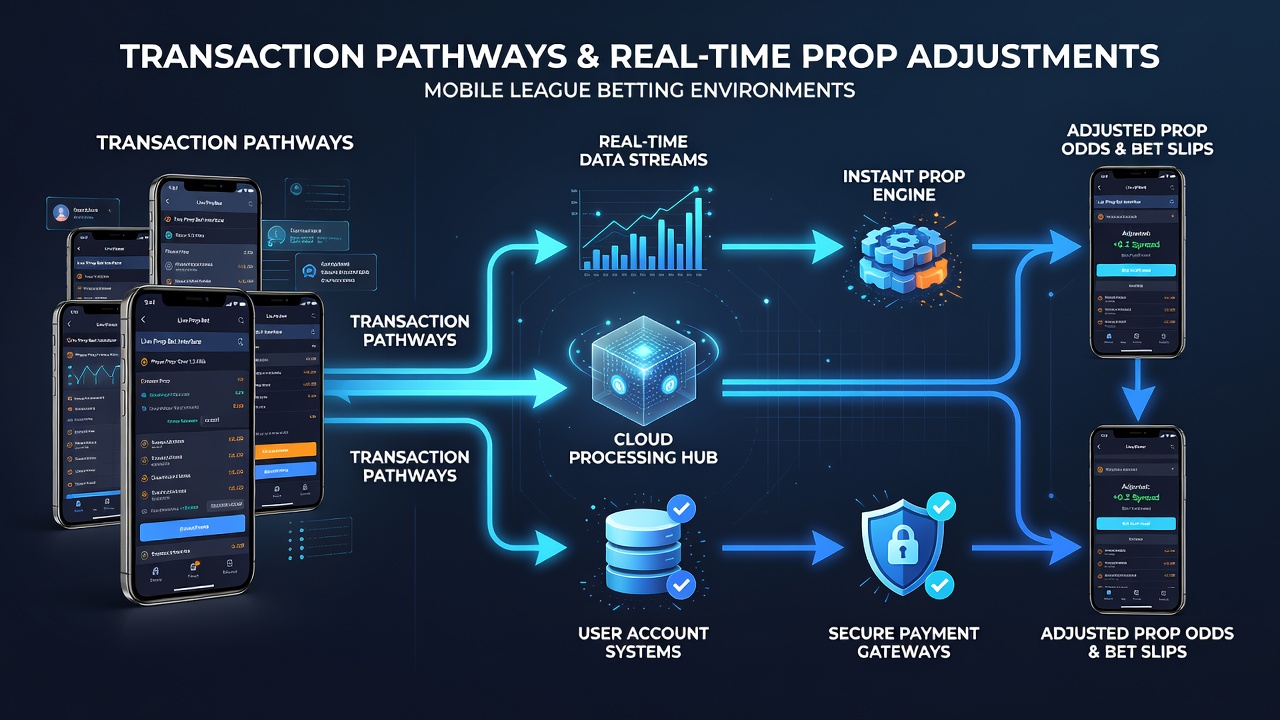 Diagram illustrating transaction flow from deposit to live prop bet adjustment in mobile sportsbook apps