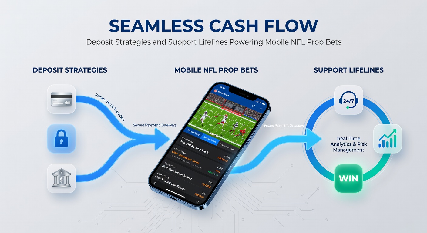 Mobile phone displaying NFL prop bet options with deposit icons overlayed, highlighting seamless funding interfaces during live games